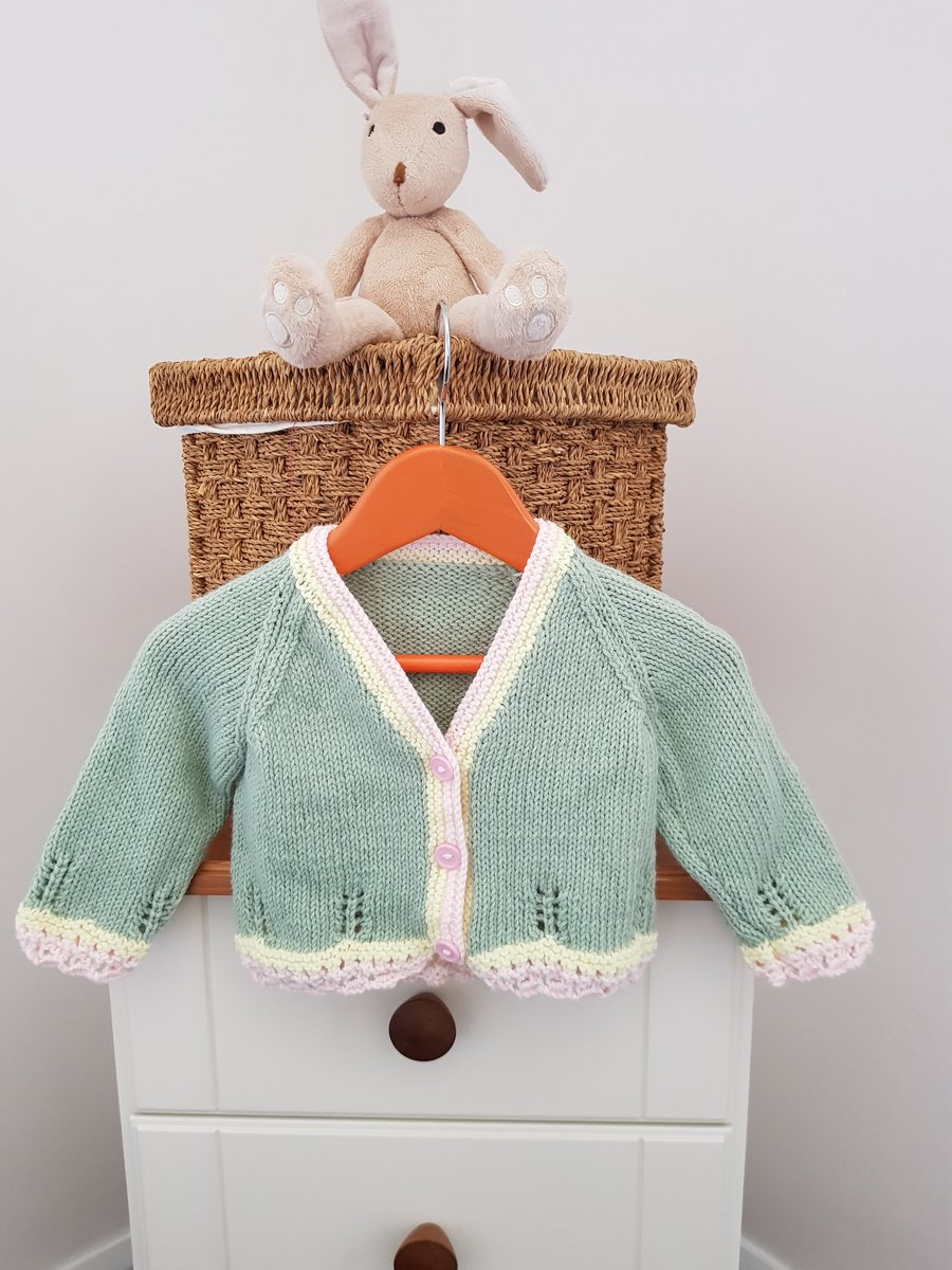 Hand Knitted Pale Green Baby Cardigan  6-12 months