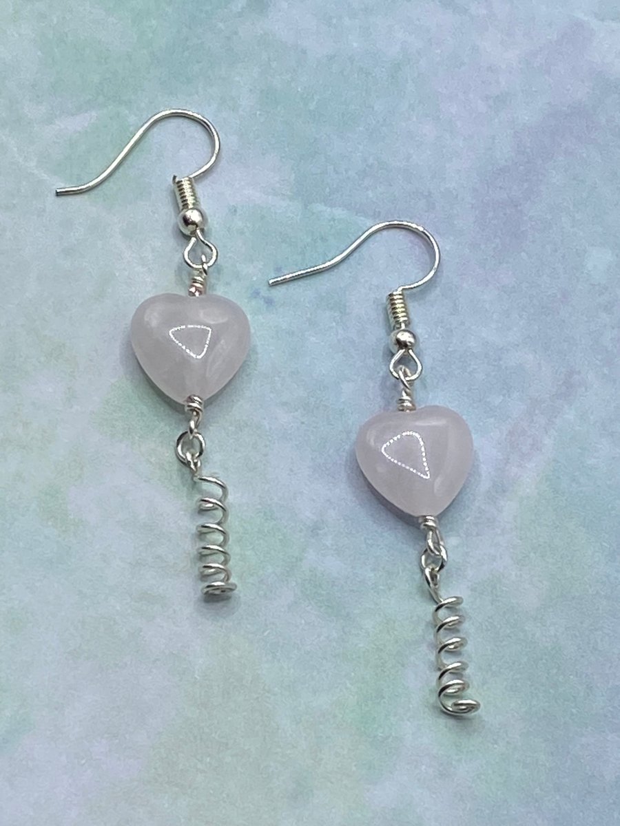 Rose quartz heart earrings with wirework spirals