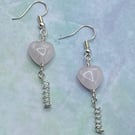 Rose quartz heart earrings with wirework spirals