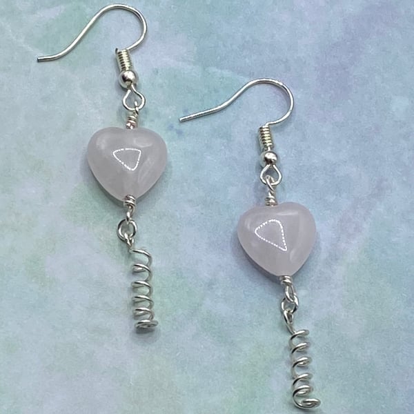Rose quartz heart earrings with wirework spirals