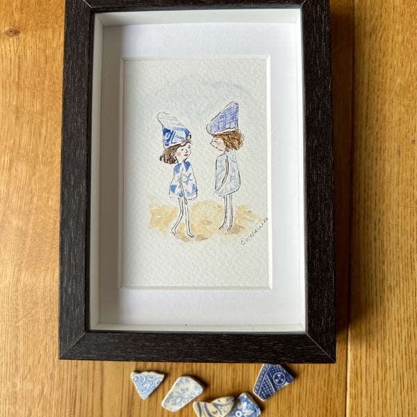 A conversation in the Sand - Framed Original Artwork  Water Colour
