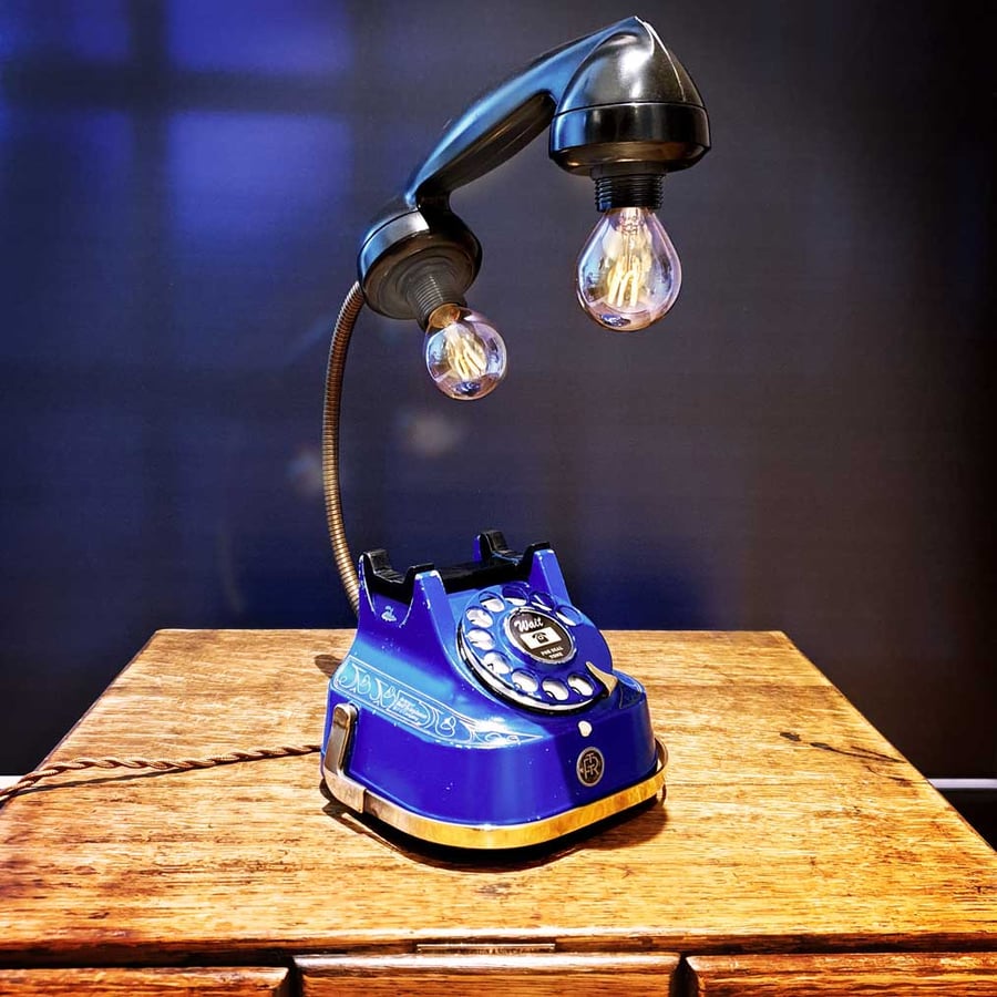 Handmade Upcycled Very Rare Vintage Blue & Brass Diecast Telephone Desk Lamp