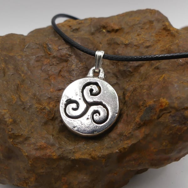 Small Round Recycled Fine Silver 999 with Triskele in Centre Pendant Necklace.