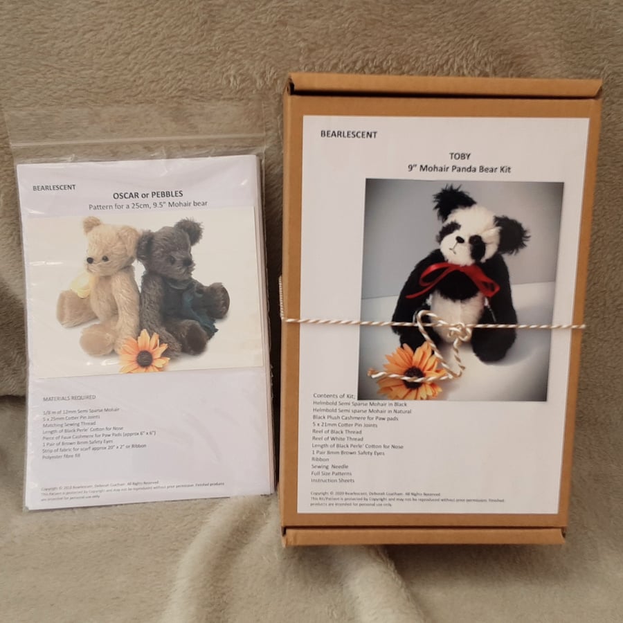 Panda bear making kit plus teddy bear sewing pattern, craft kit bundle