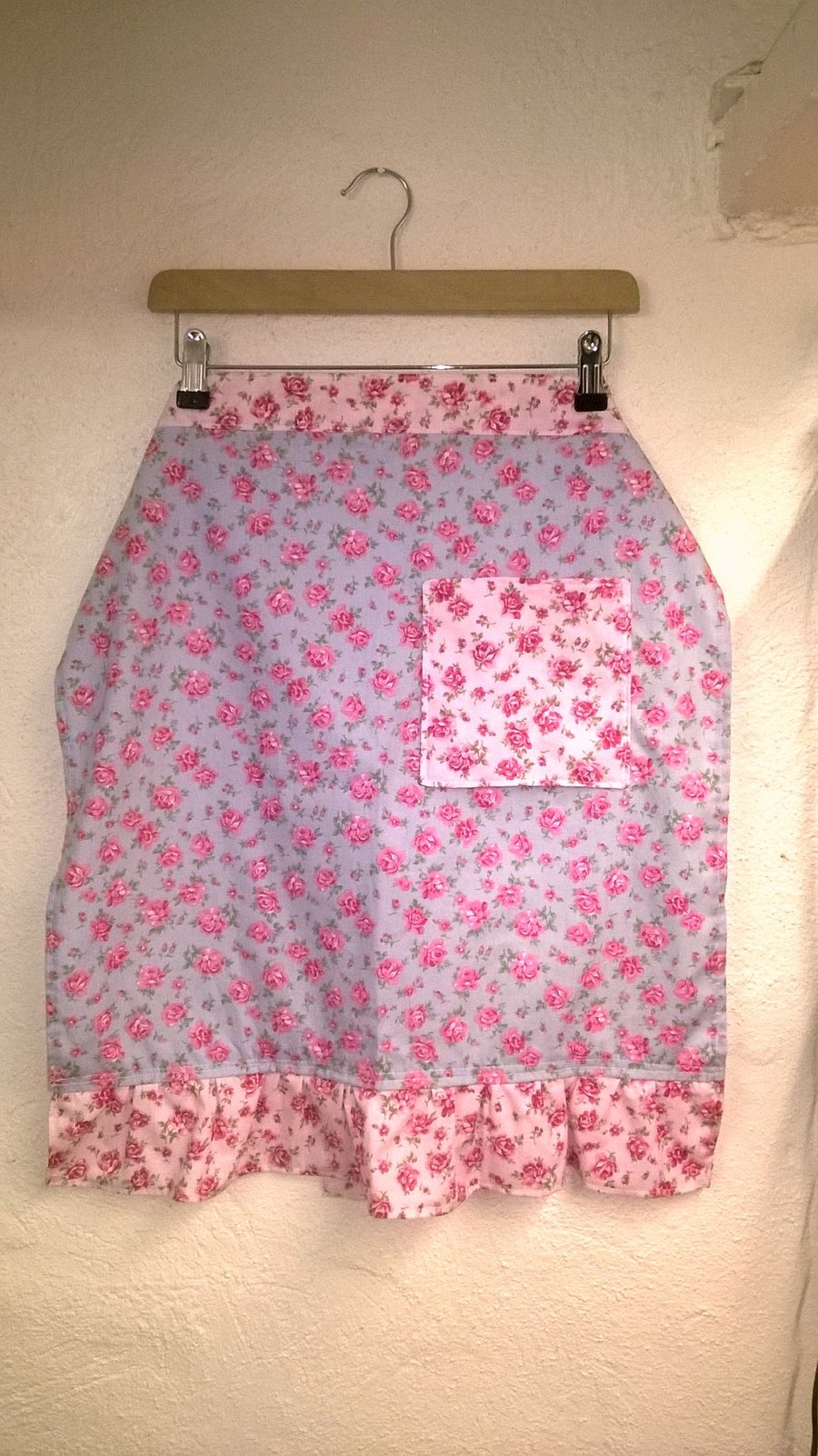 Reserved listing for Julie Maggin, Cotton apron, blue with pink flowers