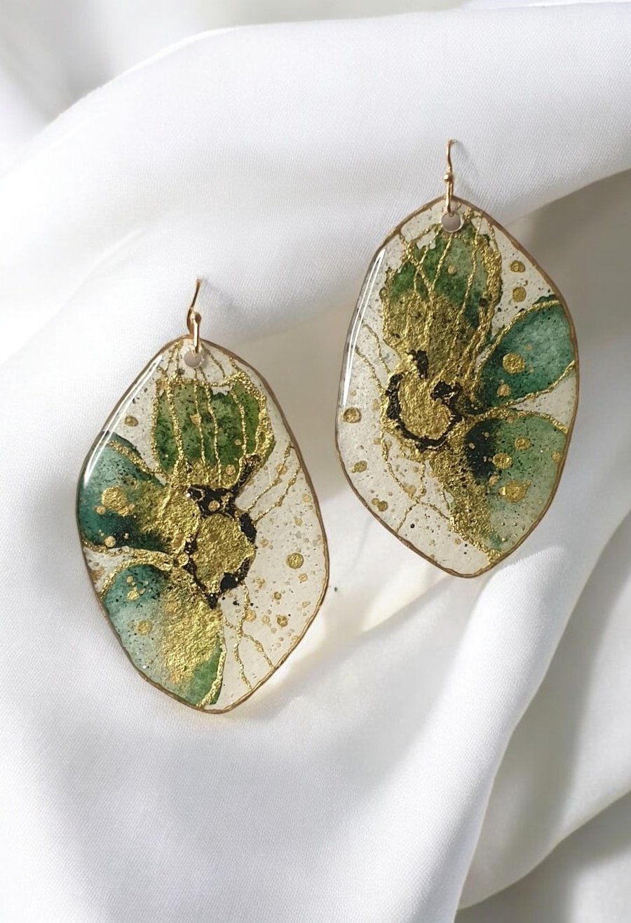 Large Lightweight Green Statement Artistic Earrings