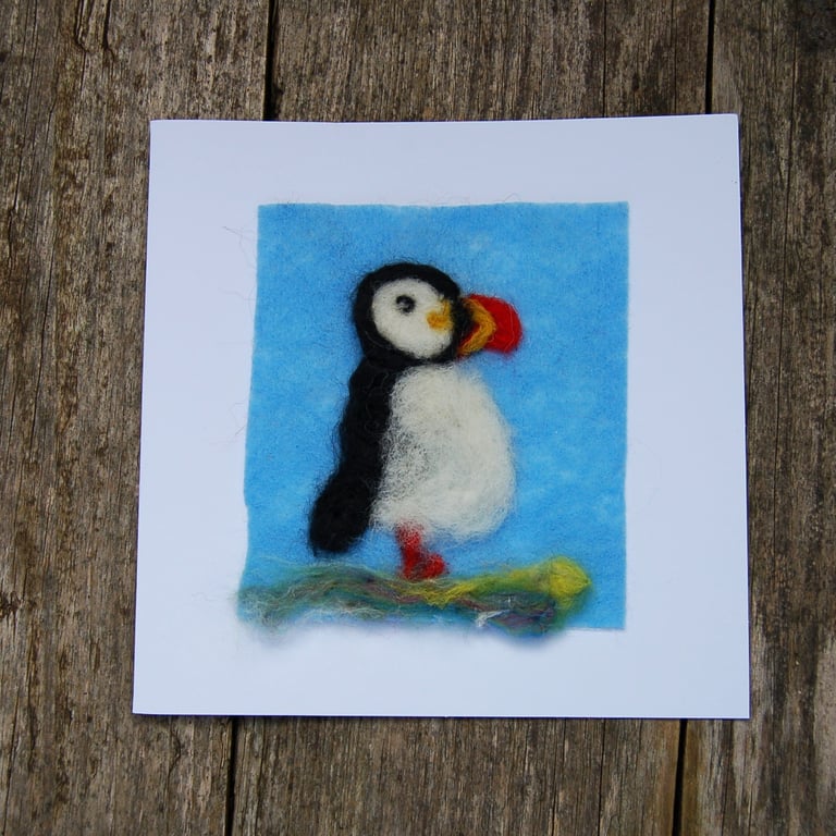 Birthday Card - Puffin, Needle felt card, wool card, wool painting, textile art