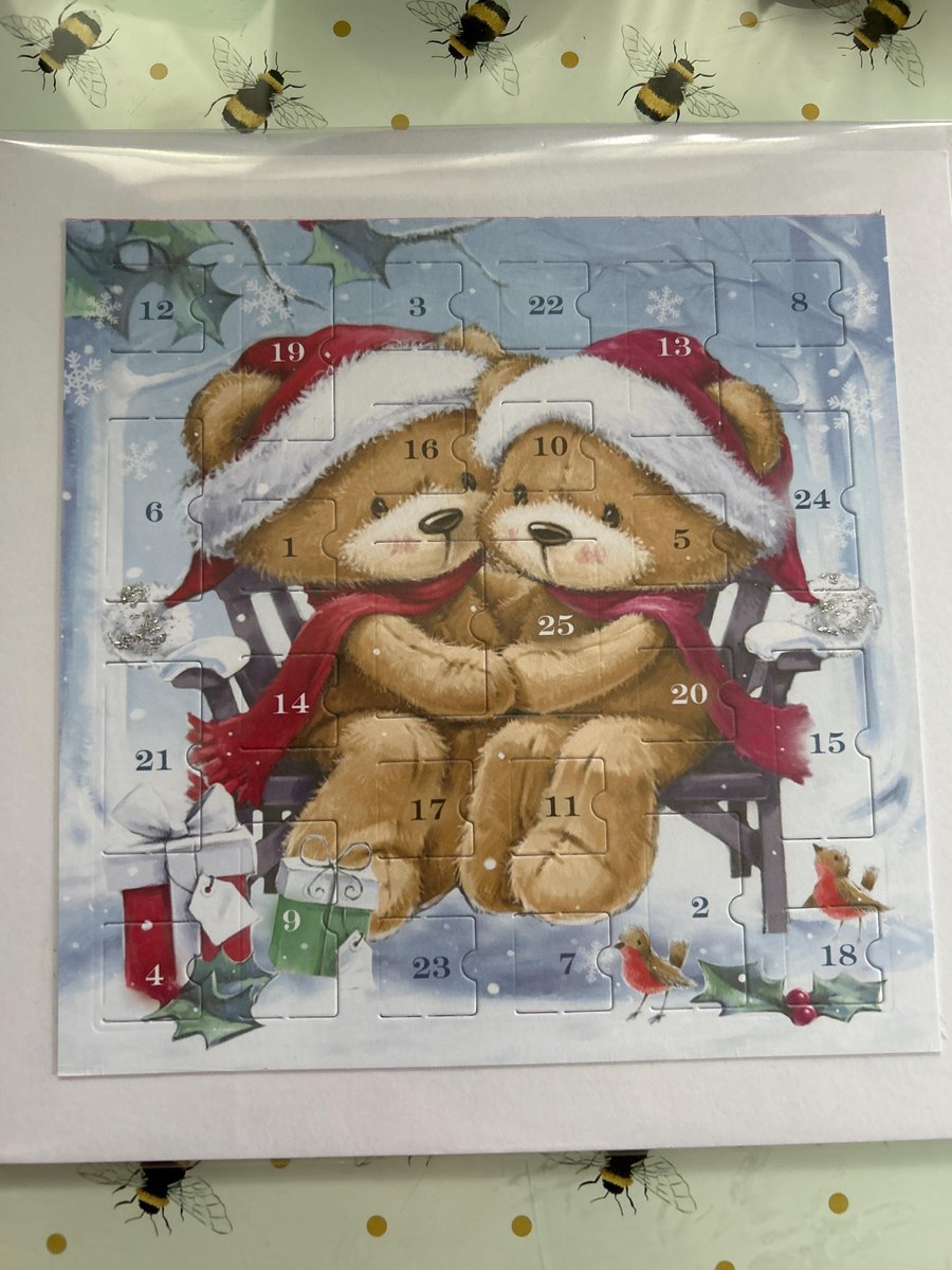 New for Christmas teddy bear hugs at Christmas Advent Calendar Card Handmad