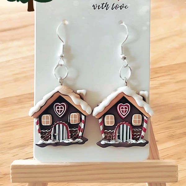 Quirky Gingerbread Cottage Earrings, Christmas Jewellery for Pierced Ears