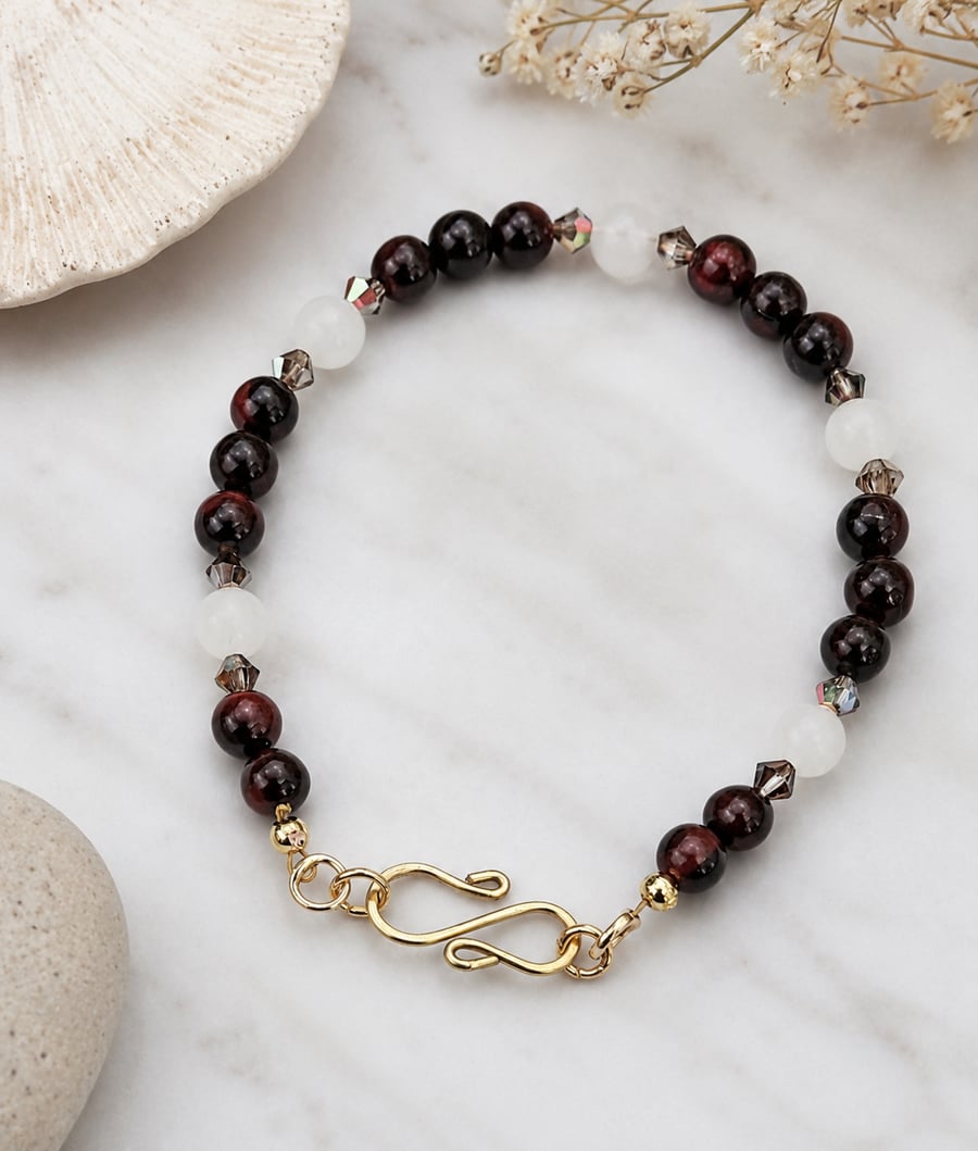  Red Brown Tiger's Eye & Milky Quartz Bracelet 
