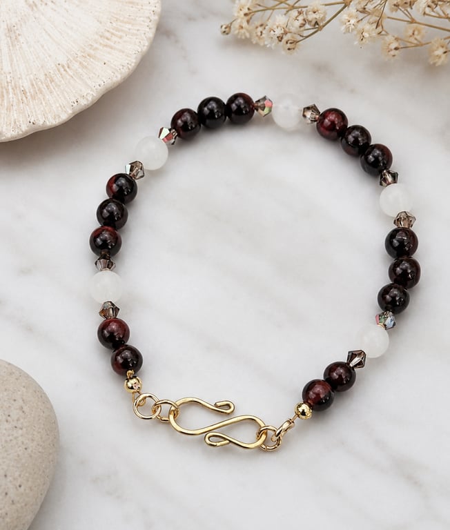 Handmade Red Brown Tiger's Eye & Milky Quartz Bracelet 
