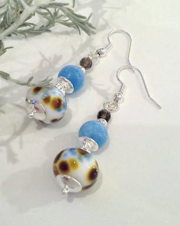 Designer Artisan Lampwork Bead, Blue Quartzite, Smokey Quartz Earrings
