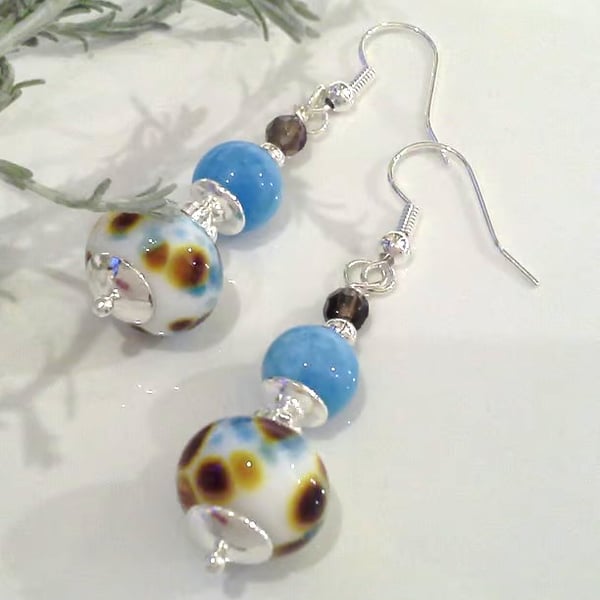 Designer Artisan Lampwork Bead, Blue Quartzite, Smokey Quartz Earrings