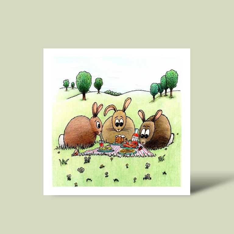 Rabbit Picnic Greeting Card: Funny Bunny Pencil Illustration (223)