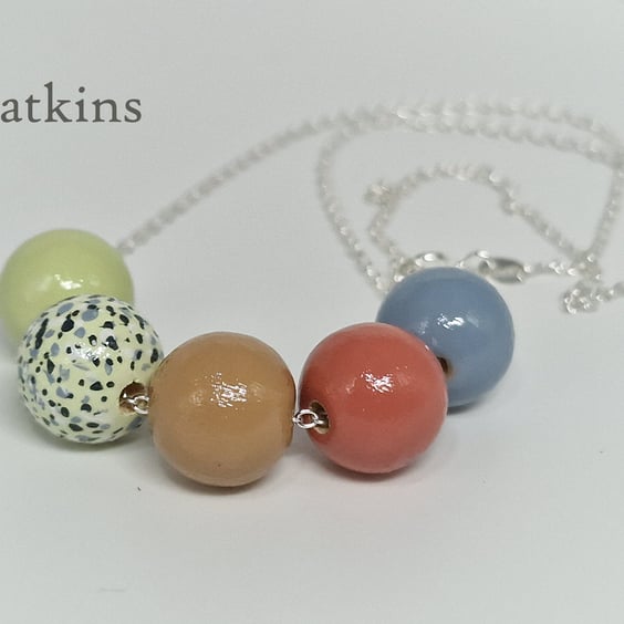 Catkins - hand painted - wooden bead & sterling silver necklace