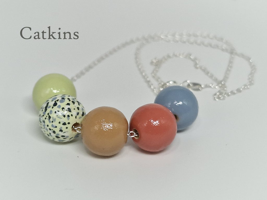 Catkins - hand painted - wooden bead & sterling silver necklace