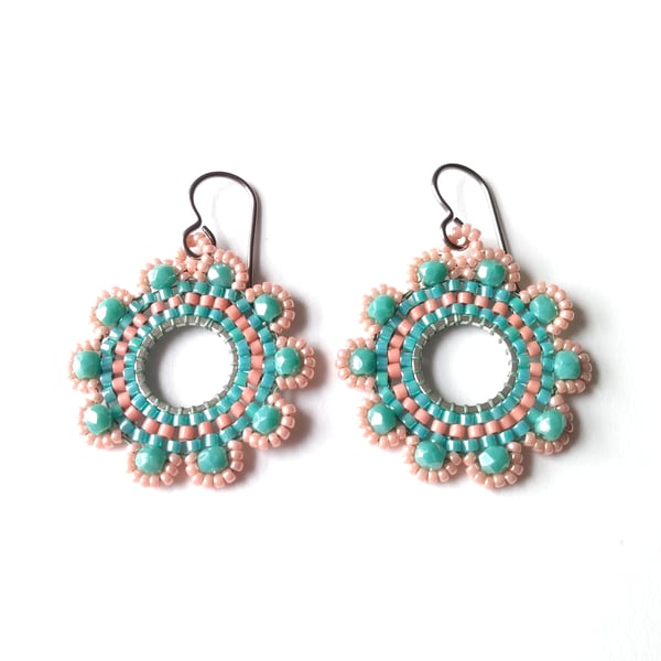 Summer Flower Hoop Earrings in Turquoise and Salmon Pink