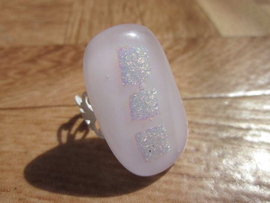Handmade dichroic glass cabochon filigree ring - pink with pink gold shimmer