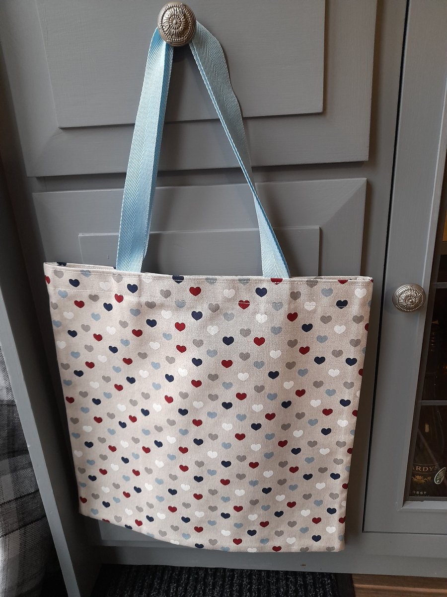 Tote Bag Red And Blue Hearts, Natural Linen Look. With Free Delivery