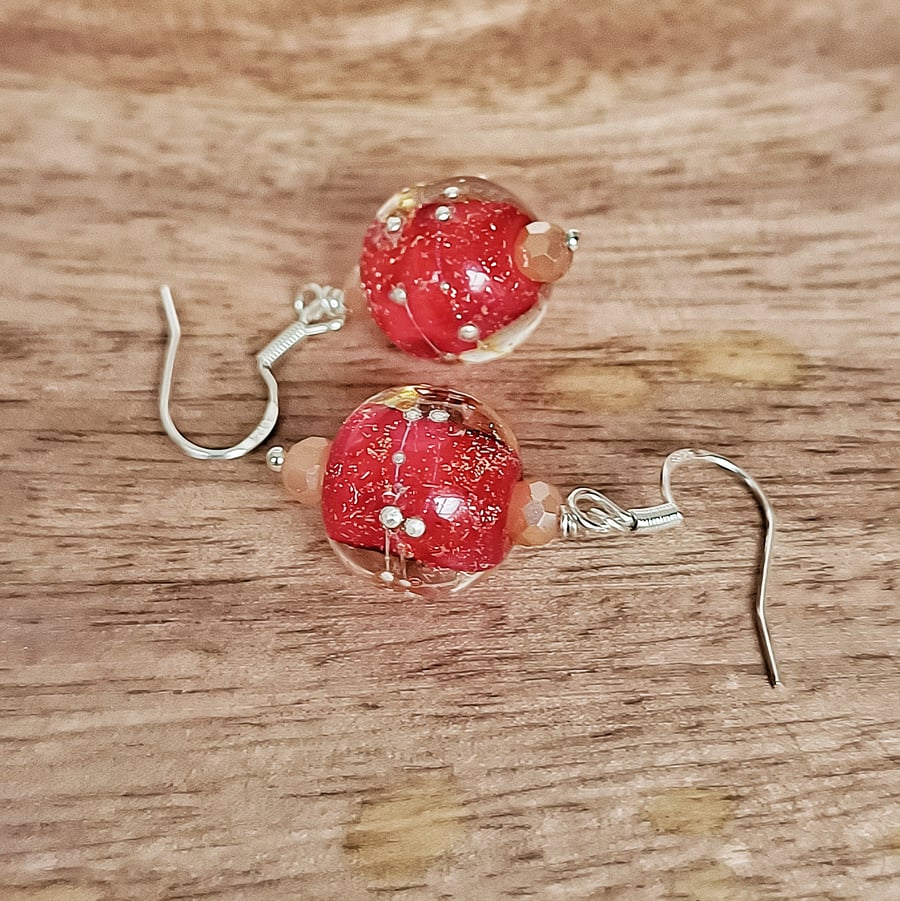 Dichroic Red Lampwork bead earrings on Sterling Silver