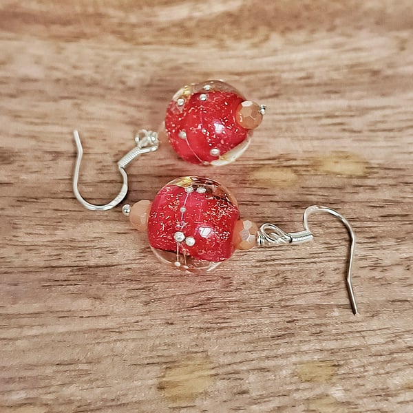 Dichroic Red Lampwork bead earrings on Sterling Silver