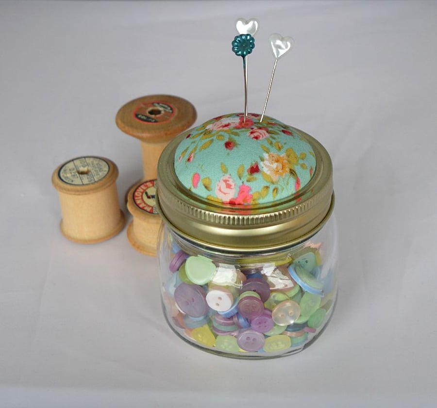 Pin cushion jar with screw lid for pins and needles  storage jar pin cushion