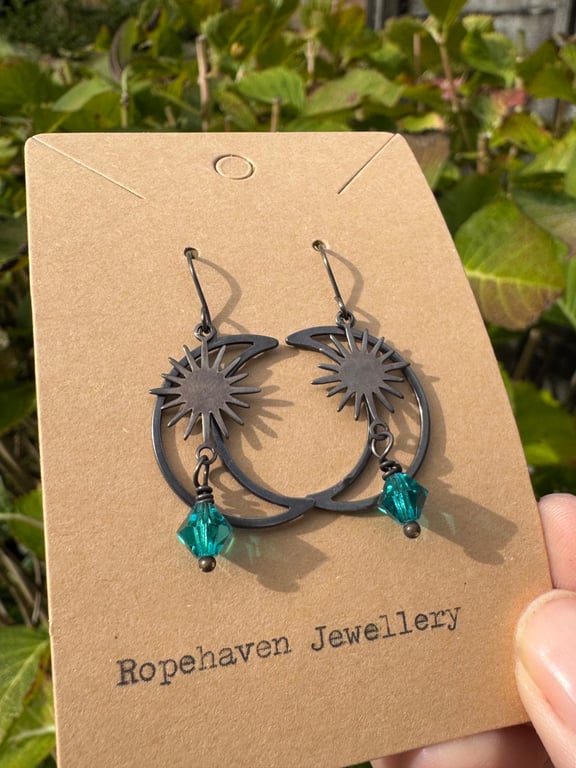 Antique Style Moon and Turquoise Czech Crystal Earrings 