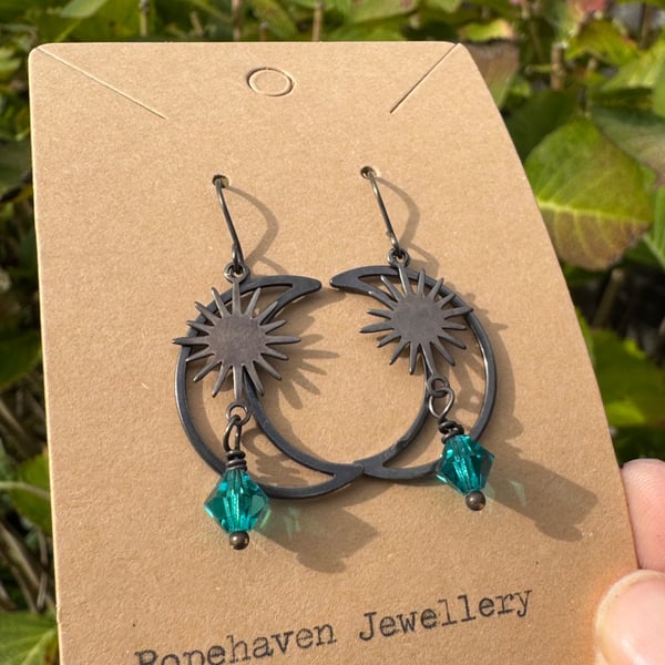 Antique Style Moon and Turquoise Czech Crystal Earrings 