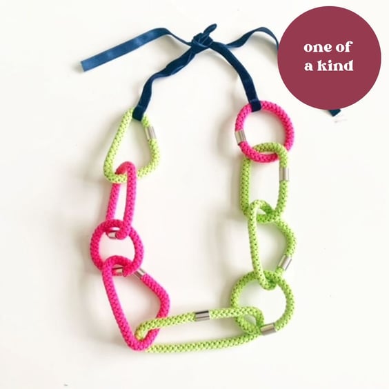 Geometric Shaped Cotton Rope Statement Necklace, Long Tie-back Handmade Jewelry