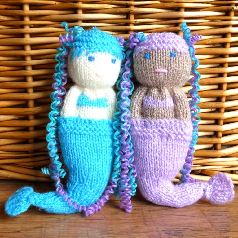 Handmade knitted pair of pocket dolls - mermaids