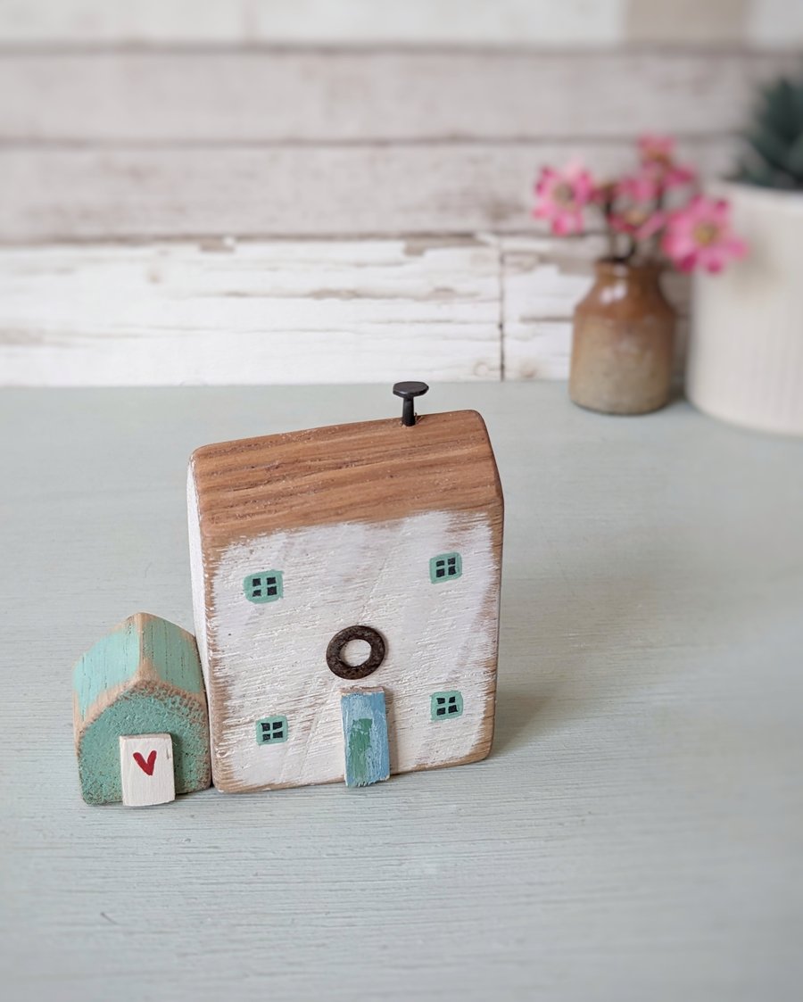 Little Handmade Painted Wooden Seaside House with Teeny Side Shed