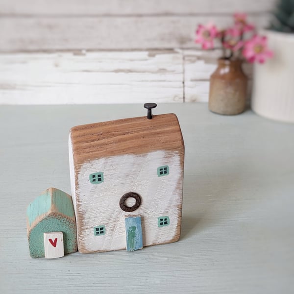 Little Handmade Painted Wooden Seaside House with Teeny Side Shed