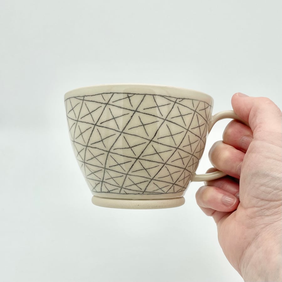 Unique Handmade Pottery Mug - Black Linework Diamond Cross Pattern - Ideal Gift