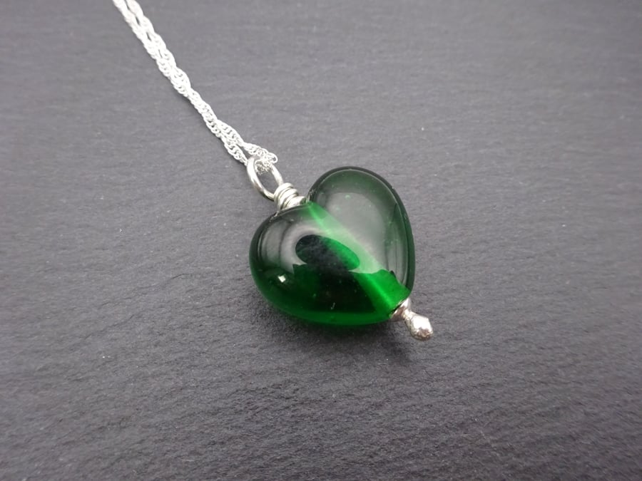 green heart lampwork glass heart pendant, sterling silver chain