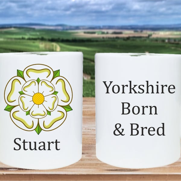 Yorkshire Born and Bred, personalised mug, with Yorkshire Rose and name