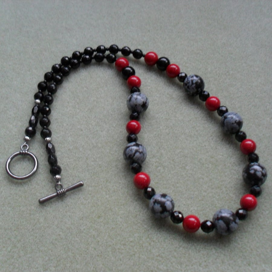 Black Onyx Red Shell Pearl and Snowflake Obsidian Necklace