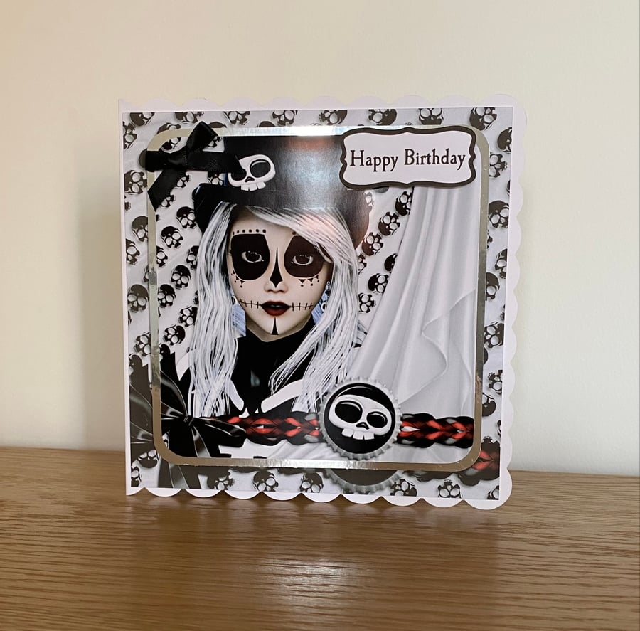 Handmade Day of the Dead Gothic Ladies 3D Birthday Card. Hattie