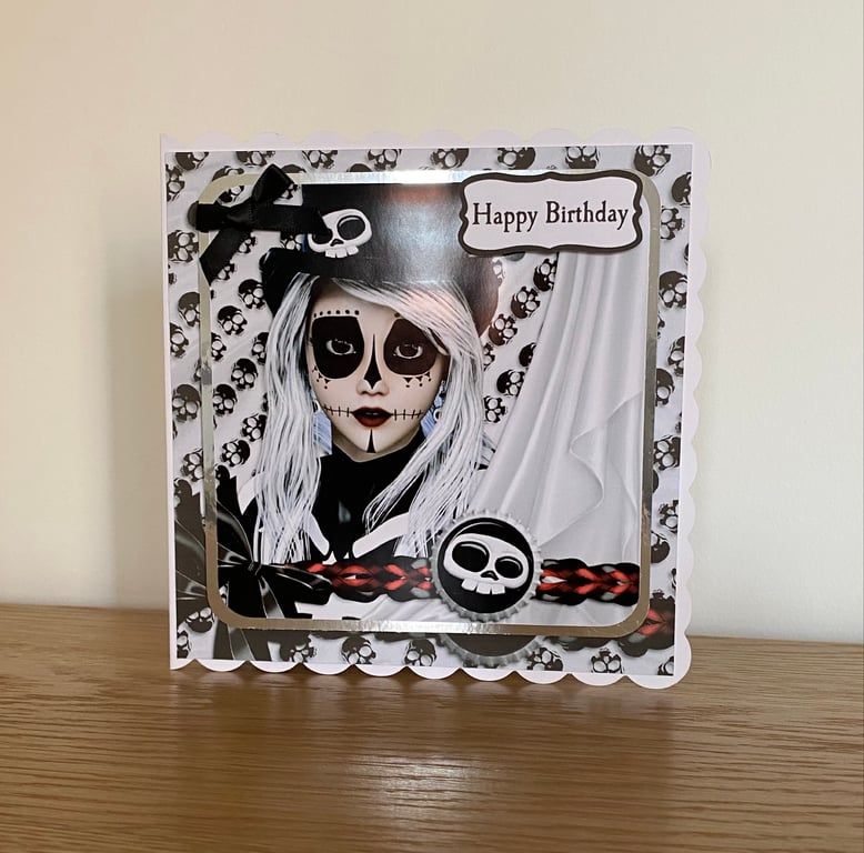 Handmade Day of the Dead Gothic Ladies 3D Birthday Card. Hattie