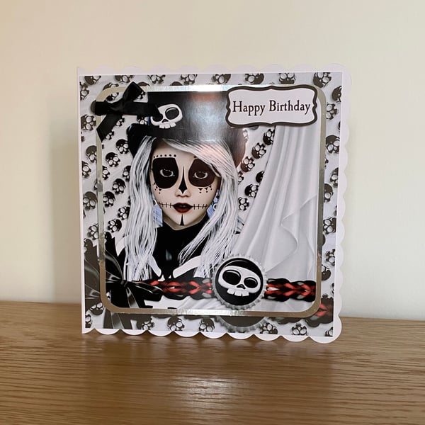 Handmade Day of the Dead Gothic Ladies 3D Birthday Card. Hattie