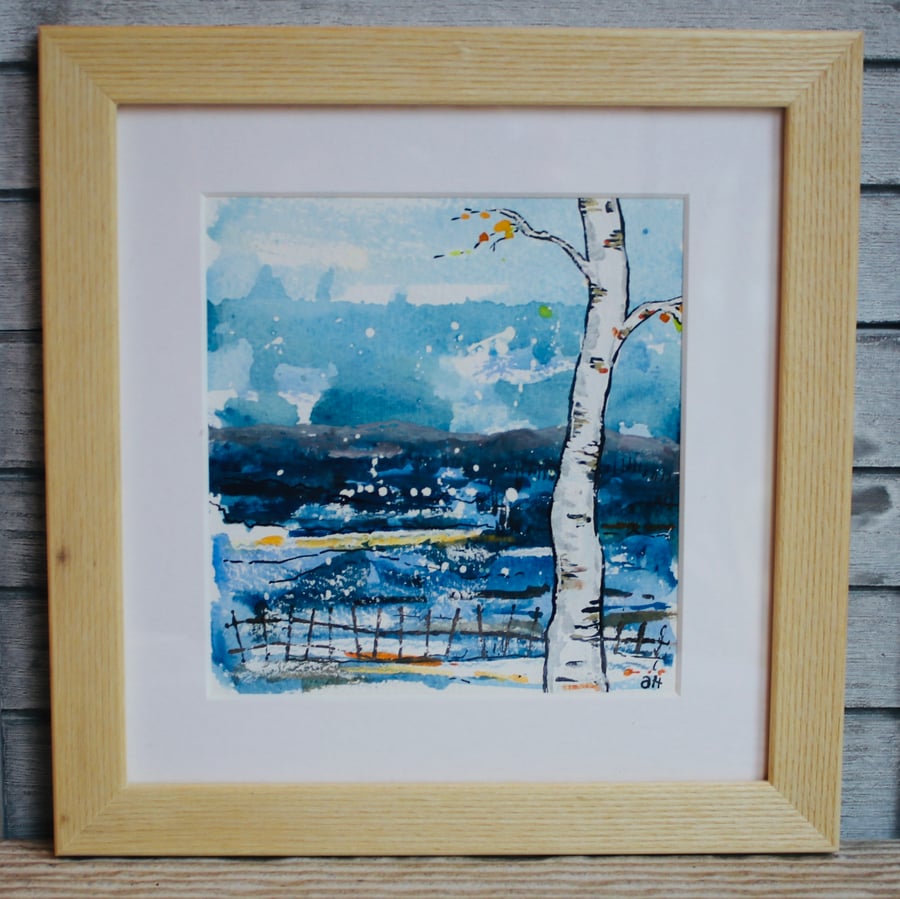 WHITE BIRCH, FIRST SNOW - ASH FRAMED PAINTING