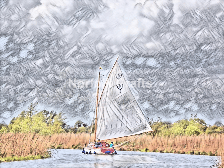 A4 Size Print Of Sailing Boat On Norfolk Broads.