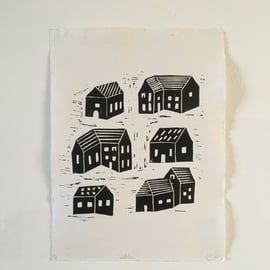 Watchers, handmade linoprint houses on paper
