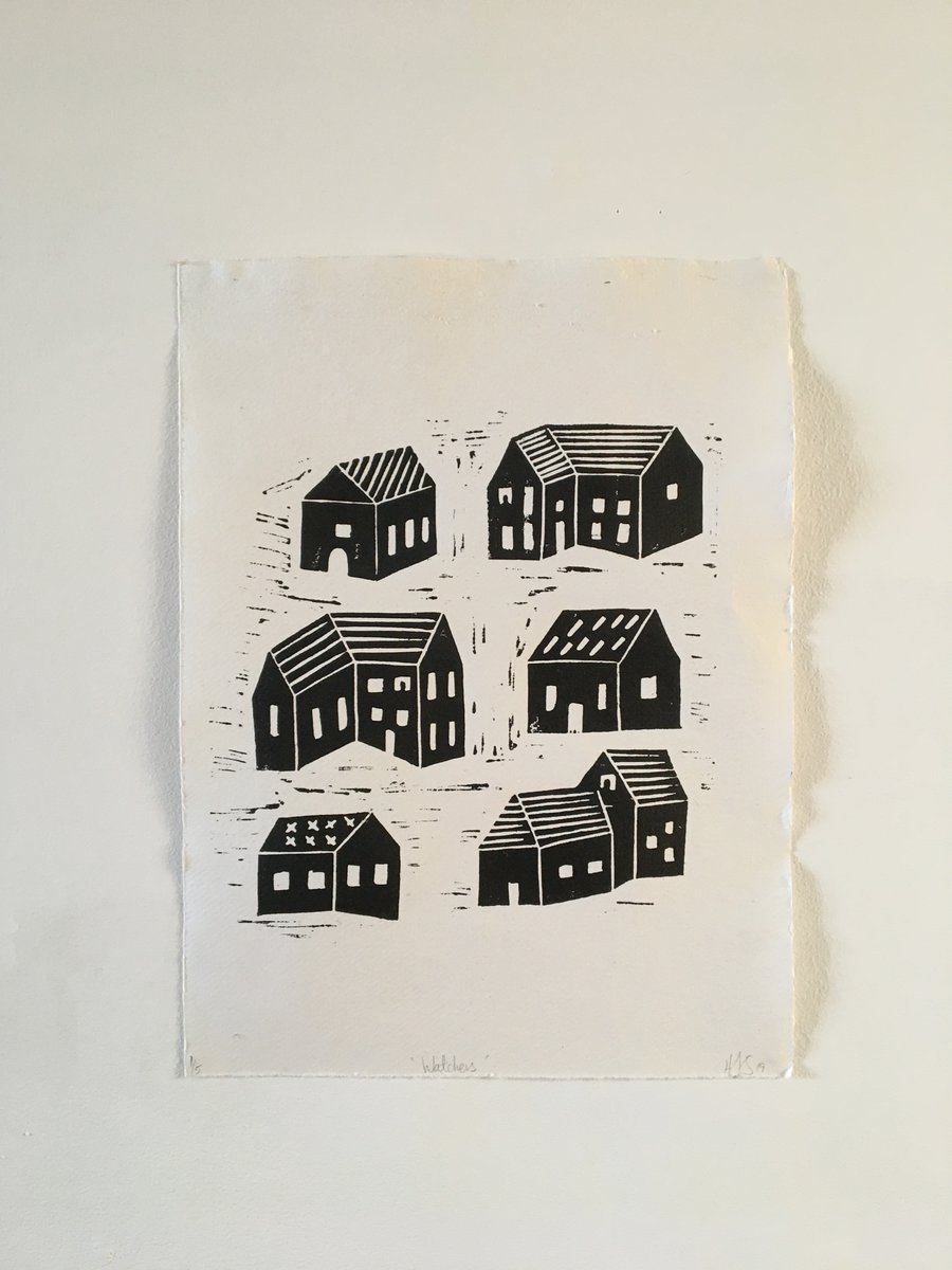 Watchers, handmade linoprint houses on paper