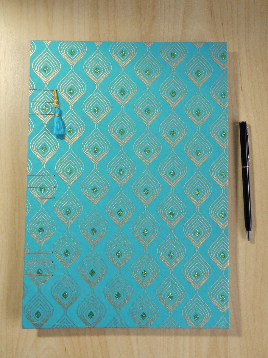 A4 Turquoise and Gold Notebook, Journal with Peacock Feather design