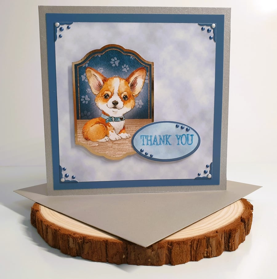 "Thank You" Square Card, Corgi Puppy, Petrol Blue with Silver-Grey, Blank Insert