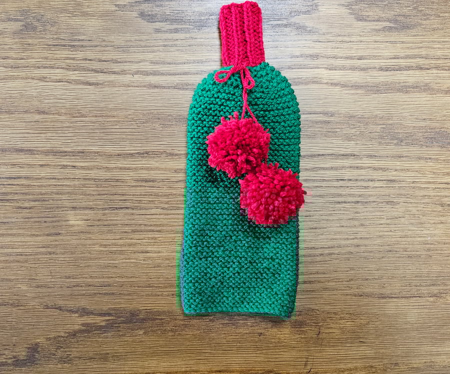 Diane's Festive Green Wine Bottle Cover with Red Pom-Poms
