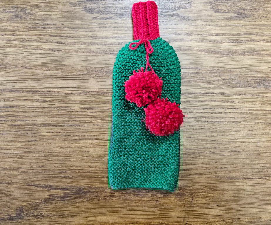 Diane's Festive Green Wine Bottle Cover with Red Pom-Poms