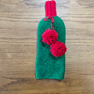 Diane's Festive Green Wine Bottle Cover with Red Pom-Poms