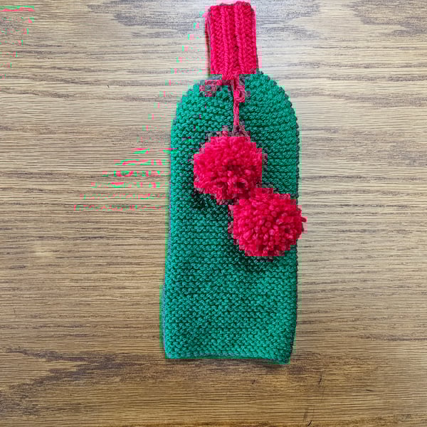 Diane's Festive Green Wine Bottle Cover with Red Pom-Poms