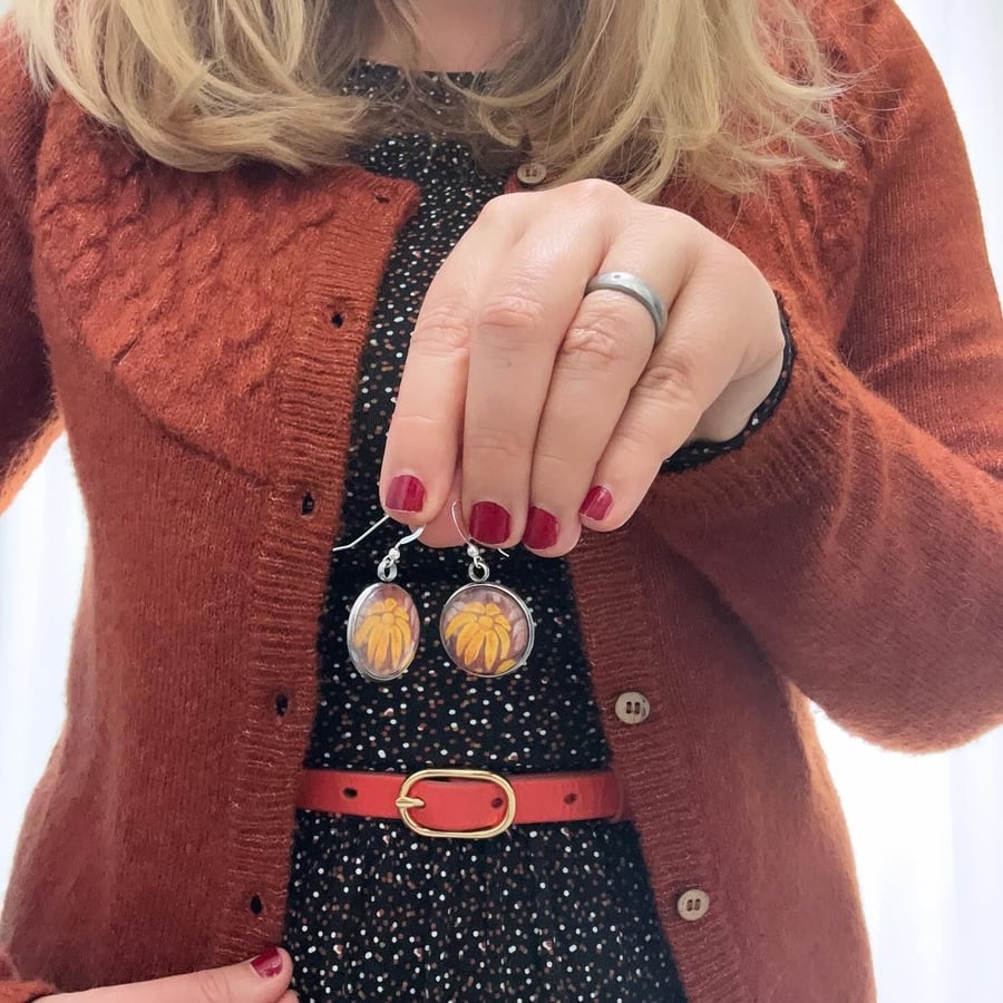 Orange Autumnal Dangle Earrings, Autumn Art Print Jewellery, Floral, Flowers 